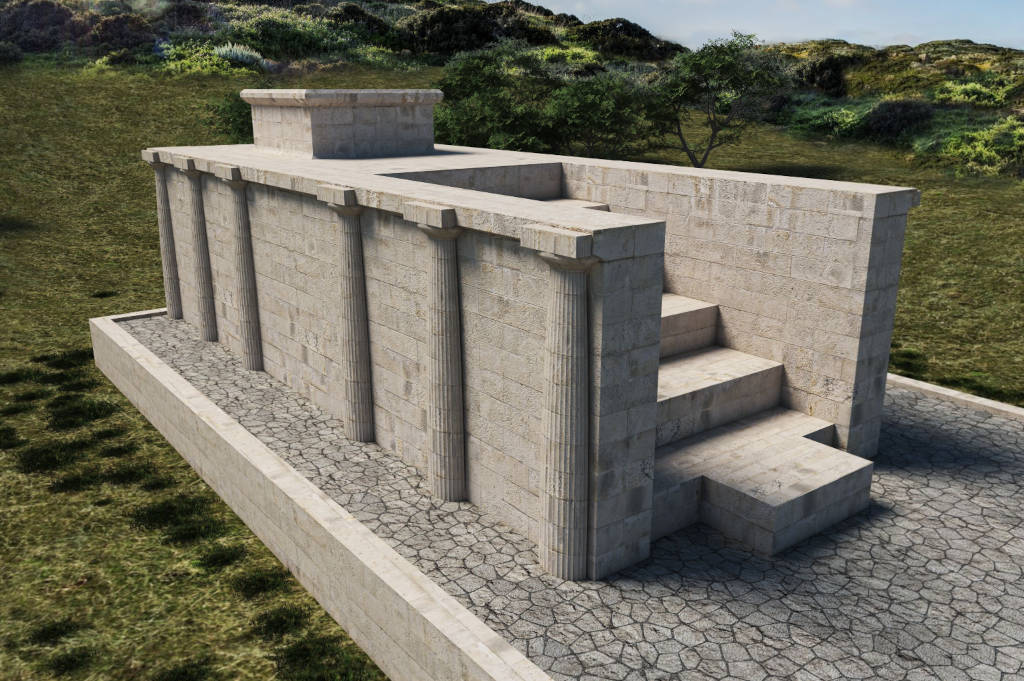 Static rendering of the reconstructive hypothesis of the archaeological area of Tharros, The Punic temple of the semicolumns, from Digital Resources Sardinia