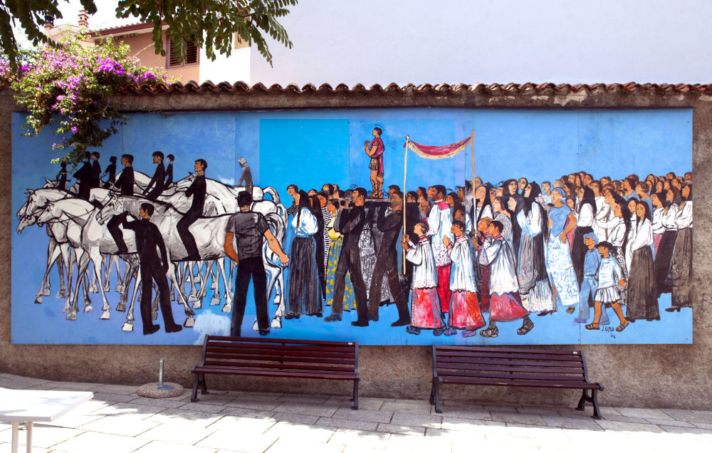 Fiesta religiosa, pintura acrílica sobre paneles de madera, Liliana Cano, Oliena 2006. Foto de Giorgio Baldini, 2015, del Catalogo BBCC RAS