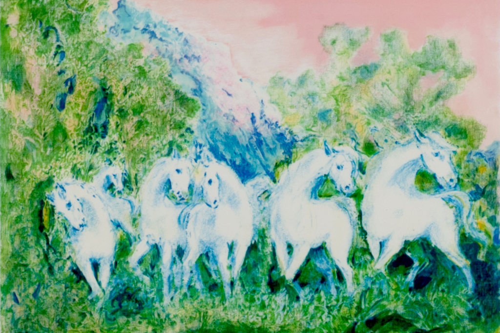 “Herd of Horses”, 1984, six-color lithograph by Aligi Sassu. Photo by Adriano Mauri, from Catalogo BBCC RAS