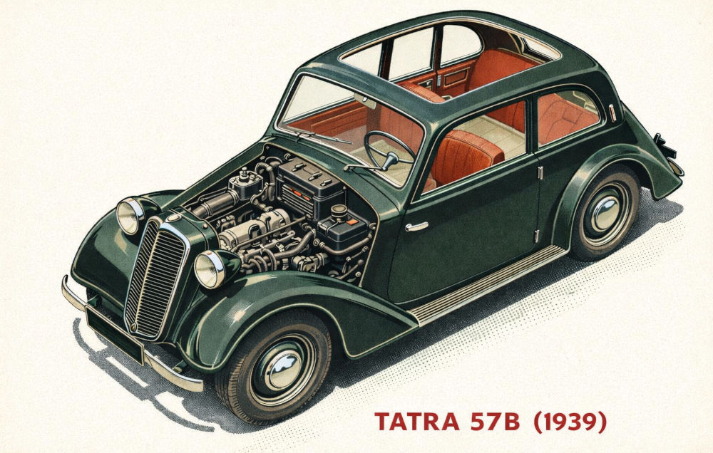 Ilustración con detalle del interior y el compartimento del motor de un Tatra 57B de 1939